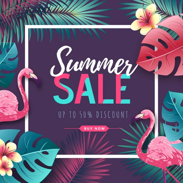 Flamingo ve tropik yaprakları ile Yaz büyük satış tipografi posteri. Doğa kavramı