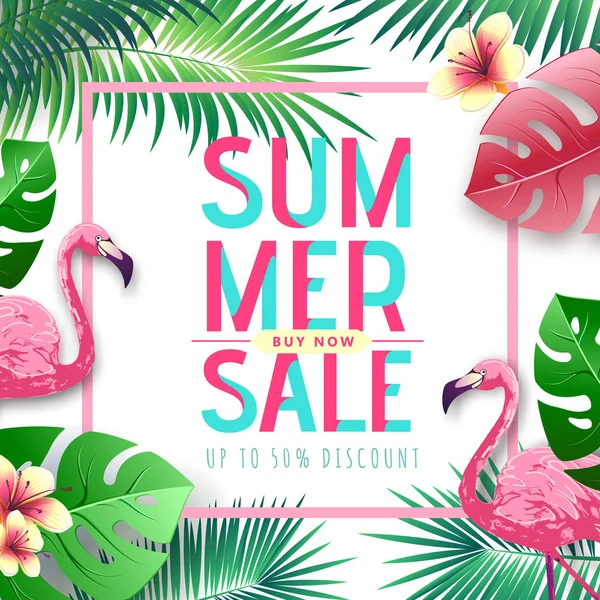 Sommer-Großverkauf Typografie-Poster mit Flamingo und tropischen Blättern. Naturkonzept — Stockvektor