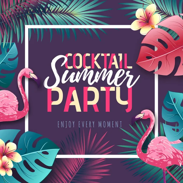 Summer cocktail party typography poster with flamingo and tropic leaves — Stock Vector