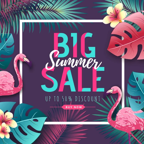 Cartel tipográfico de gran venta de verano con flamingo y hojas tropicales. Concepto de naturaleza — Archivo Imágenes Vectoriales