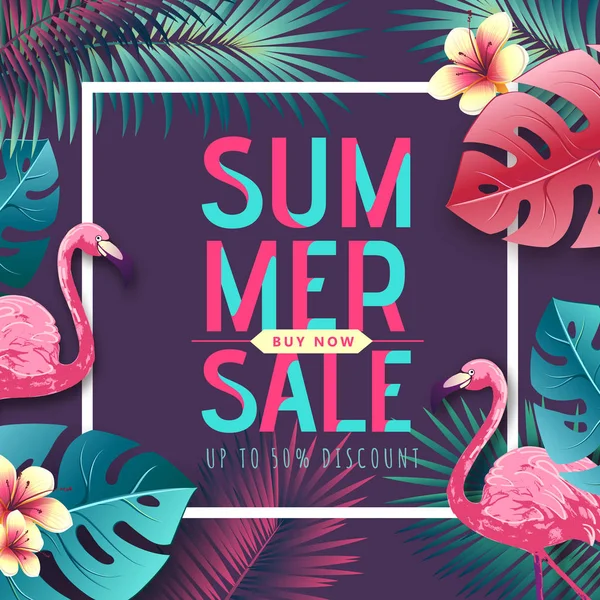 Cartel tipográfico de gran venta de verano con flamingo y hojas tropicales. Concepto de naturaleza — Archivo Imágenes Vectoriales