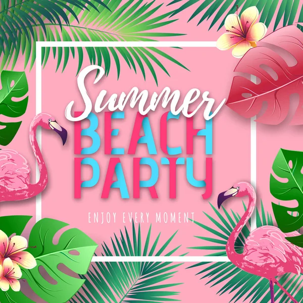 Sommer Beach Party Typografie Poster mit Flamingo und tropischen Blättern — Stockvektor