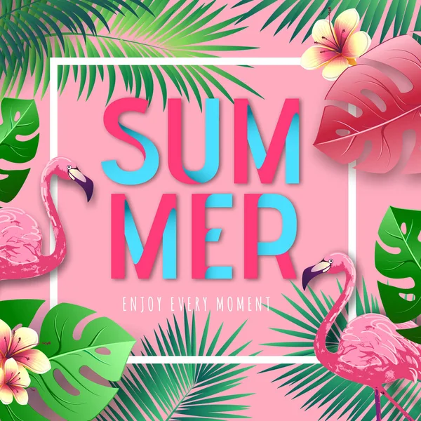 Letni plakat z typografią z flamingiem i liści tropowych. Koncepcja przyrodnicze — Wektor stockowy