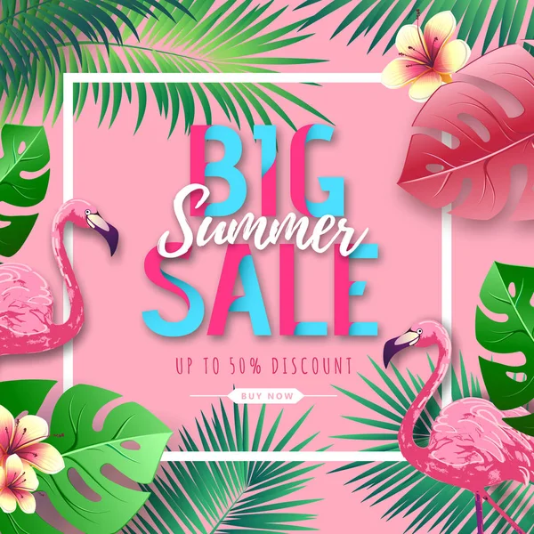 Sommer-Großverkauf Typografie-Poster mit Flamingo und tropischen Blättern. Naturkonzept — Stockvektor