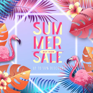 Flamingo ve floresan tropik yaprakları ile Yaz büyük satış tipografi posteri. Doğa kavramı