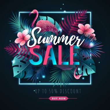 Flamingo ve floresan tropik yaprakları ile Yaz büyük satış tipografi posteri. Doğa kavramı