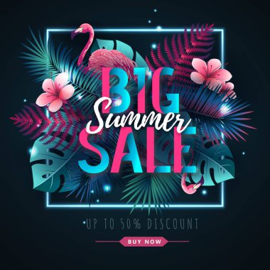 Flamingo ve floresan tropik yaprakları ile Yaz büyük satış tipografi posteri. Doğa kavramı