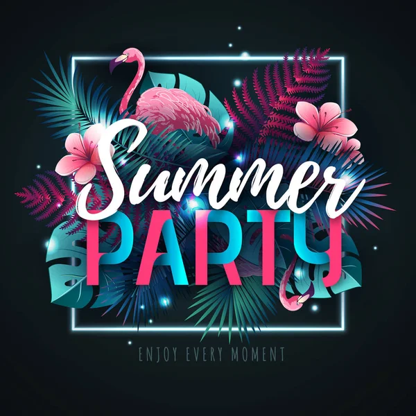 Summer party typography poster with flamingo and fluorescent tropic leaves. Nature concept — Stock Vector