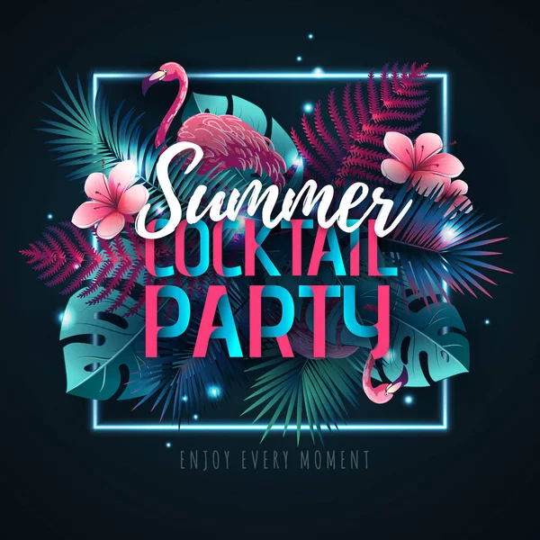 Sommercocktail Party Typografie Poster mit Flamingo und fluoreszierenden tropischen Blättern. Naturkonzept — Stockvektor