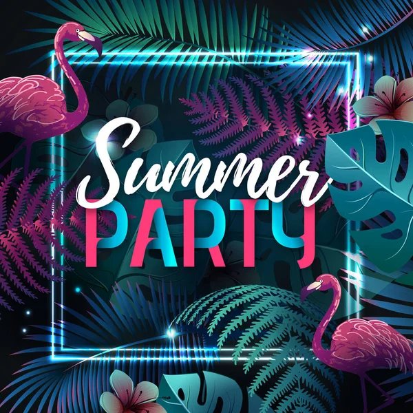 Summer party typography poster with flamingo and fluorescent tropic leaves. Nature concept — Stock Vector