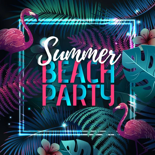 Lato Plaża party Typografia plakat z flamingiem i fluorescencyjne liści tropowych. Koncepcja przyrodnicze — Wektor stockowy