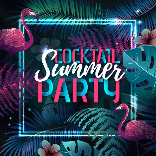 Cartaz de tipografia de festa de verão com flamingo e folhas tropicais fluorescentes. Conceito de natureza — Vetor de Stock