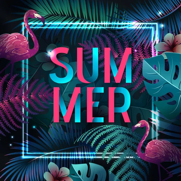 Sommerfest-Typografie-Poster mit Flamingo und fluoreszierenden tropischen Blättern. Naturkonzept — Stockvektor