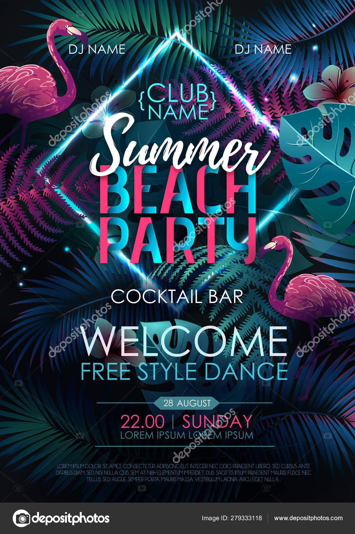 Cartaz de tipografia de festa de praia de verão com flamingo e folhas  tropicais fluorescentes. Conceito de natureza Vetor de ©annbozshko 279333118, image size:1130x1700