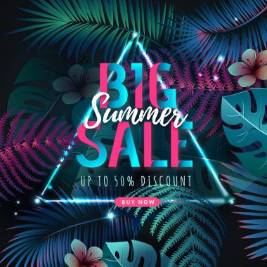 Floresan tropik yaprakları ile Yaz büyük satış tipografi posteri. Doğa kavramı