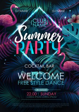 Flamingo ve floresan tropik yaprakları ile Yaz disko parti tipografi posteri. Doğa kavramı