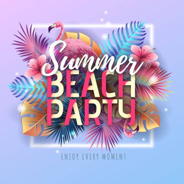 Flamingo ve floresan tropik yaprakları ile Yaz plaj parti tipografi posteri. Doğa kavramı