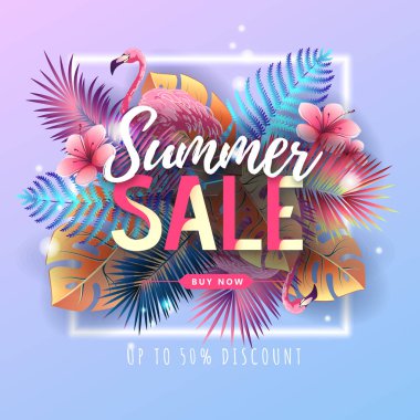 Flamingo ve floresan tropik yaprakları ile Yaz büyük satış tipografi posteri. Doğa kavramı