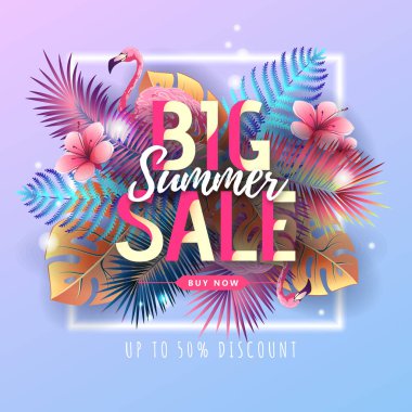Flamingo ve floresan tropik yaprakları ile Yaz büyük satış tipografi posteri. Doğa kavramı