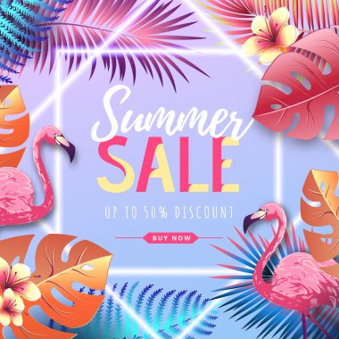 Flamingo ve floresan tropik yaprakları ile Yaz büyük satış tipografi posteri. Doğa kavramı