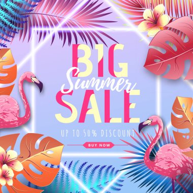 Flamingo ve floresan tropik yaprakları ile Yaz büyük satış tipografi posteri. Doğa kavramı