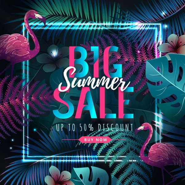 Sommer Großverkauf Typografie Poster mit Flamingo und fluoreszierenden tropischen Blättern. Naturkonzept — Stockvektor