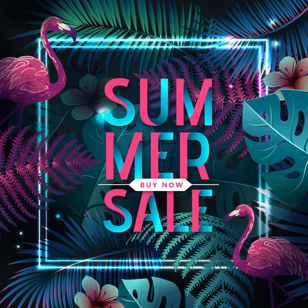 Sommer Großverkauf Typografie Poster mit Flamingo und fluoreszierenden tropischen Blättern. Naturkonzept — Stockvektor