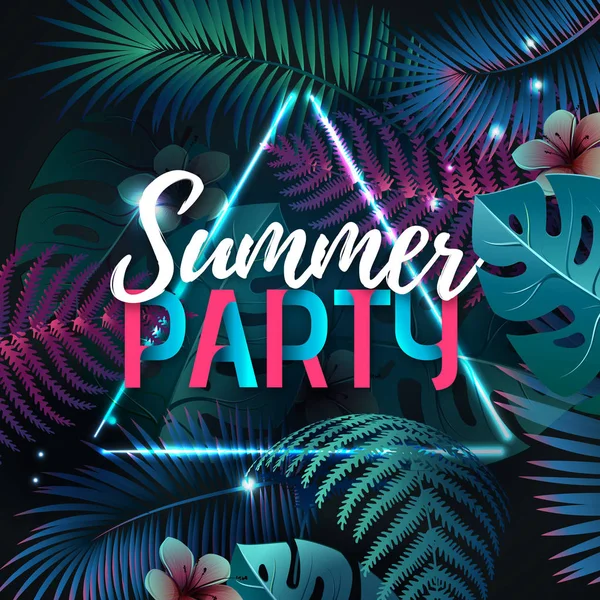 Summer party typography poster with fluorescent tropic leaves. Nature concept — Stock Vector
