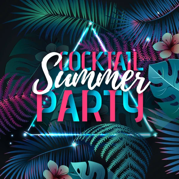 Poster tipografico estivo cocktail party con foglie tropicali fluorescenti. Concetto natura — Vettoriale Stock