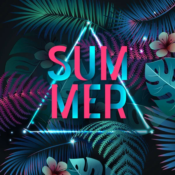 Cartel de tipografía de fiesta de verano con hojas tropicales fluorescentes. Concepto de naturaleza — Archivo Imágenes Vectoriales