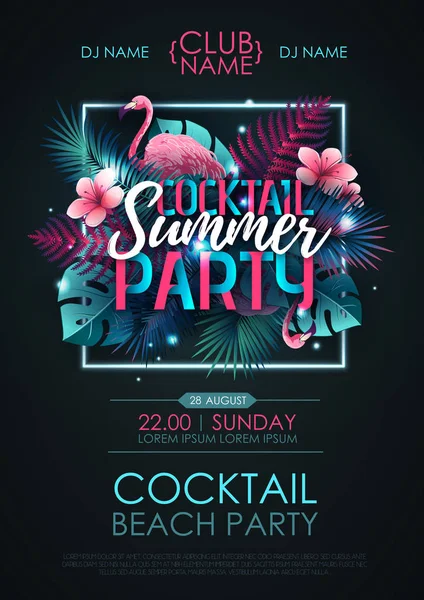Cocktail d'été affiche de typographie de fête disco avec flamant rose et feuilles tropiques fluorescentes. Concept de nature — Image vectorielle
