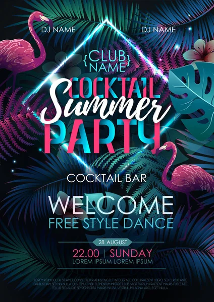 Cartel de tipografía de fiesta de cóctel de verano con flamenco y hojas tropicales fluorescentes. Concepto de naturaleza — Vector de stock