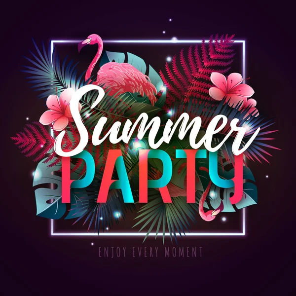 Cartaz de tipografia de festa de verão com flamingo e folhas trópicas fluorescentes. Conceito de natureza — Vetor de Stock