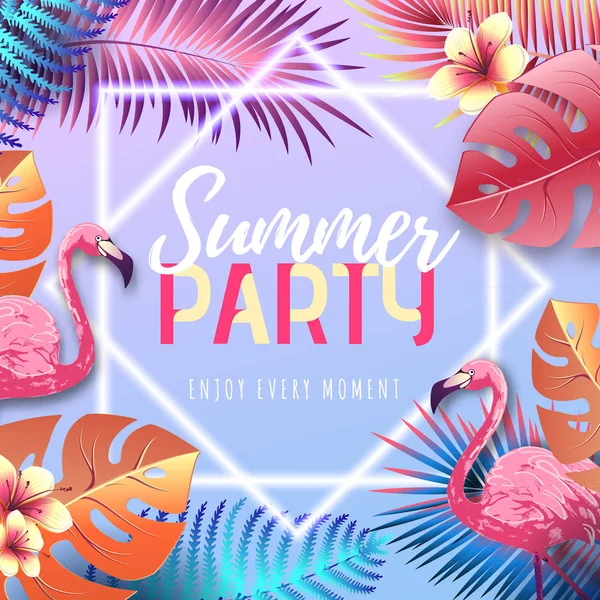 Summer Party typografi affisch med Flamingo och fluorescerande Tropic löv. Nature Concept — Stock vektor