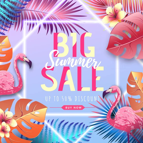 Flamingo ve floresan tropik yaprakları ile Yaz büyük satış tipografi posteri. Doğa kavramı