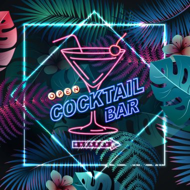 Floresan tropik yaprakları arka plan üzerinde Neon işareti kokteyl bar. Vintage elektrikli tabela.