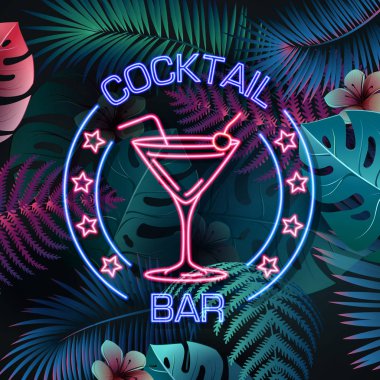 Floresan tropik yaprakları arka plan üzerinde Neon işareti kokteyl bar. Vintage elektrikli tabela.