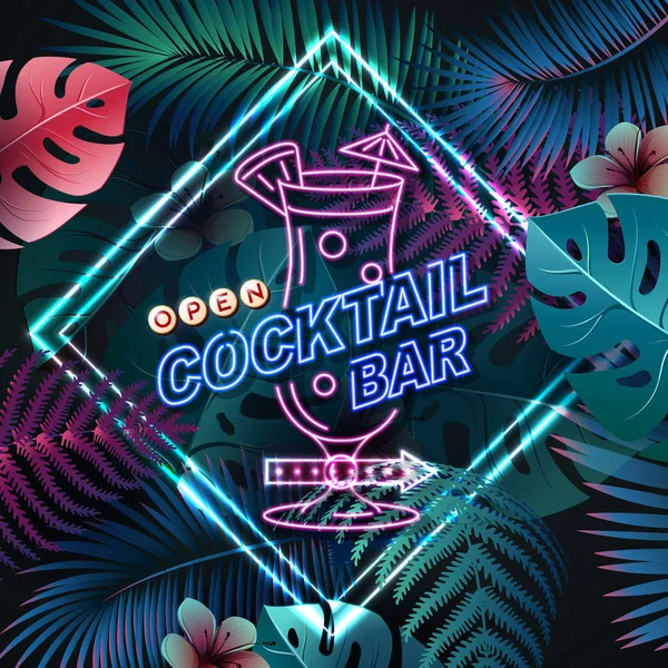 Neon sign cocktail bar on fluorescent tropic leaves background. Sinyal listrik vintage . - Stok Vektor