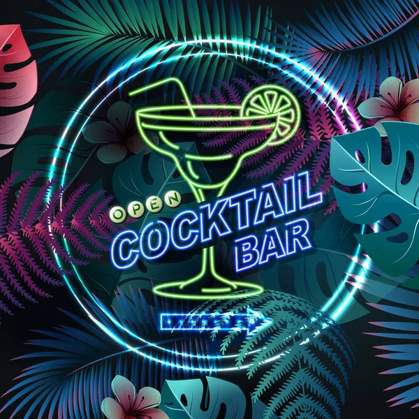 霓虹灯标志鸡尾酒吧荧光热带叶背景。复古电动招牌. — 图库矢量图片