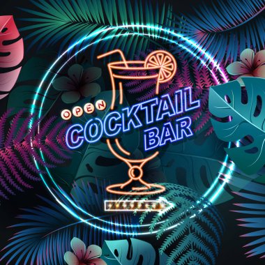 Floresan tropik yaprakları arka plan üzerinde Neon işareti kokteyl bar. Vintage elektrikli tabela.