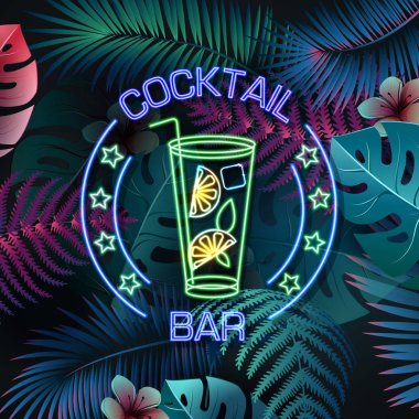 Floresan tropik yaprakları arka plan üzerinde Neon işareti kokteyl bar. Vintage elektrikli tabela.