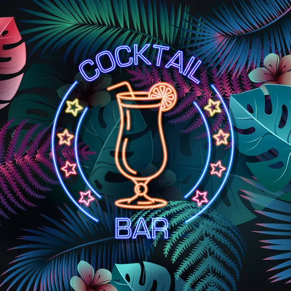 Bar à cocktails néon signe sur fond de feuilles tropiques fluorescentes. Panneau électrique vintage . — Image vectorielle