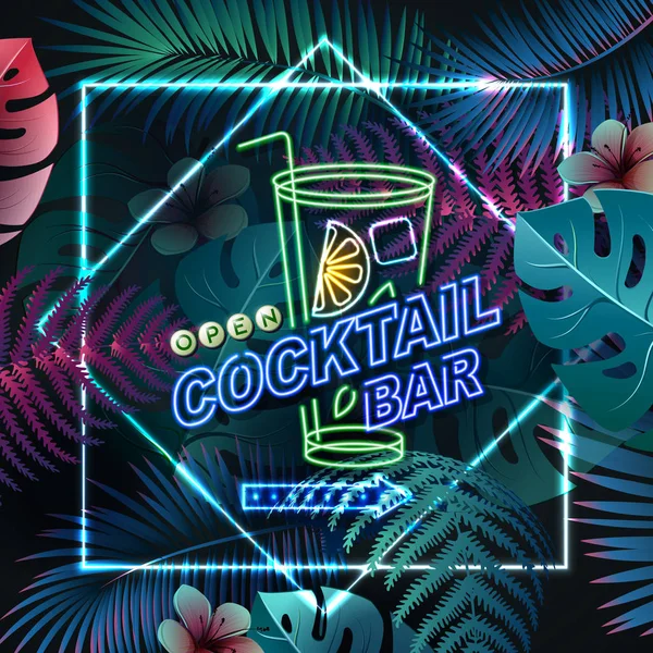 Floresan tropik yaprakları arka plan üzerinde Neon işareti kokteyl bar. Vintage elektrikli tabela. — Stok Vektör