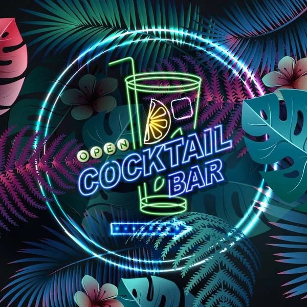 Floresan tropik yaprakları arka plan üzerinde Neon işareti kokteyl bar. Vintage elektrikli tabela. — Stok Vektör