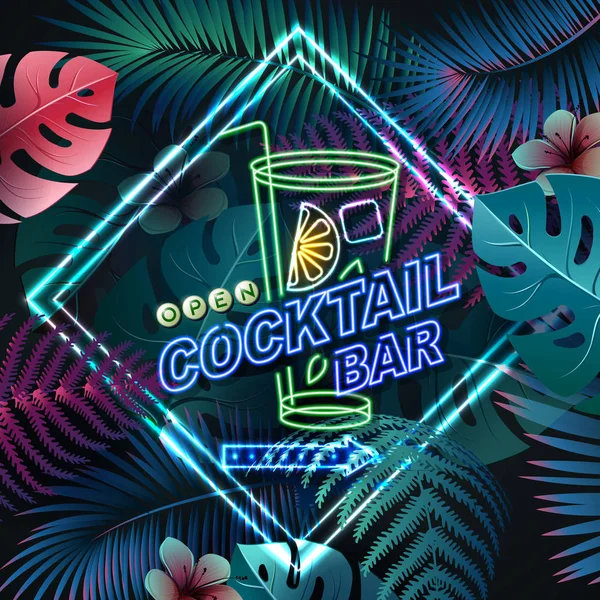 Neon sign cocktail bar on fluorescent tropic leaves background. Vintage electric signboard. — Stock Vector