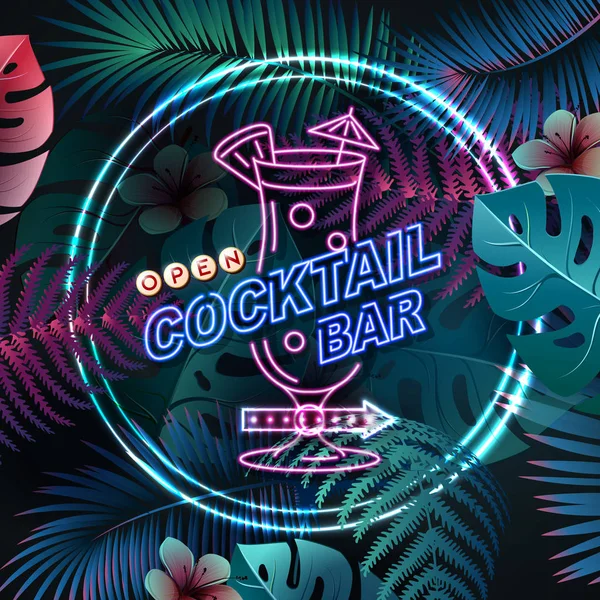 Neon sign cocktail bar on fluorescent tropic leaves background. Vintage electric signboard. — Stock Vector