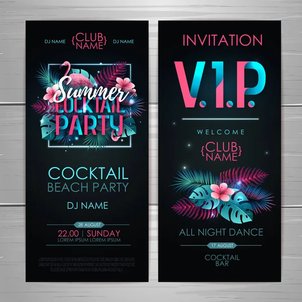 Літня вечірка диско-коктейлів типографічний плакат з фламінго та флуоресцентними тропічними листям. Дизайн запрошення. Концепція природи — стоковий вектор