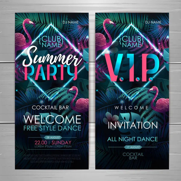 플라밍고와 형광 열대 잎여름 디스코 파티 타이포그래피 포스터. 초대 디자인. 자연 개념 — 스톡 벡터