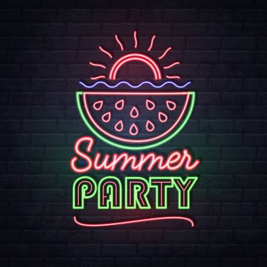 Floresan karpuz ile Neon işareti yaz partisi. Vintage elektrikli tabela.