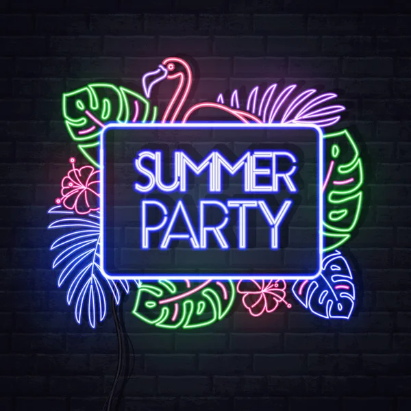 Neon sign summer party with fluorescent tropic leaves. Vintage electric signboard. — Stock Vector